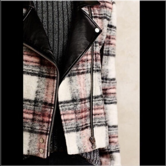 Anthro Paige Leather Plaid Moto Jacket Biker Wool - Picture 3 of 5